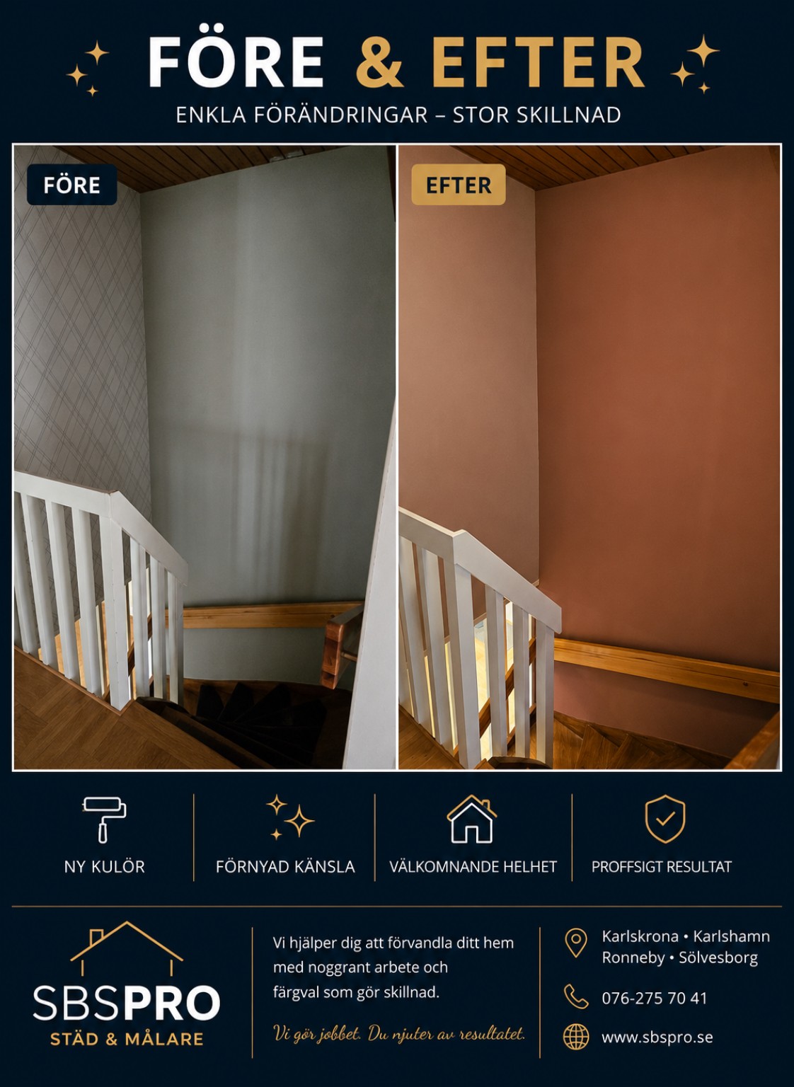 Måleri trappa före och efter — renovering i Blekinge
